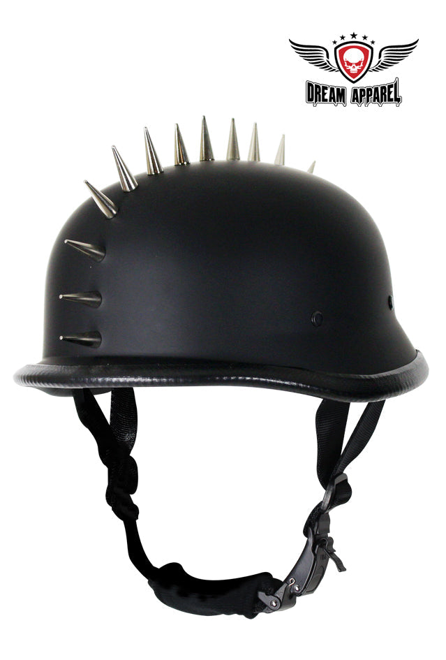 dot spiked german motorcycle helmet Dimensions Size Length Width Height Weight XS 12 1/2 9 3/4 6 1.74 lb S 12 1/2 9 3/4 6 1.72 lb M 12 5/8 10 1/4 6 1/4 1.98 lb L 12 5/8 10 1/4 6 1/4 1.96 lb XL 13 10 3/4 6 3/8 2.02 lb German Flat Black Novelty Helmet