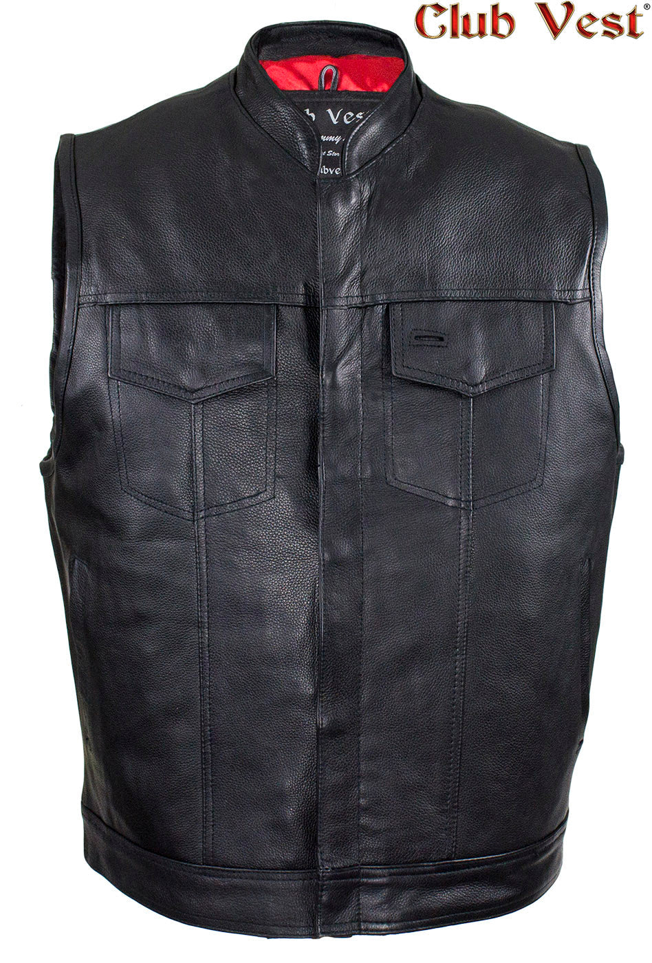 Men`s Motorcycle Biker Red Vest Genuine Cowhide Leather Black