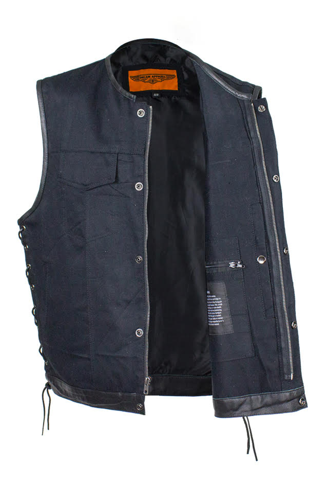 Men's Denim Gun Pocket Club Vest with Side Laces Leather Trim on Neck,  Sleeves & bottom